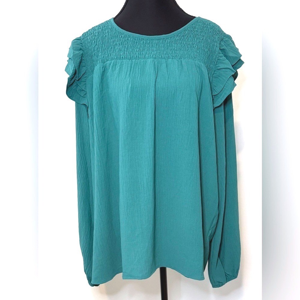 NWT ODDI Teal Green Smocked Ruffle Shoulder Blouse Long Sleeve Top Size L